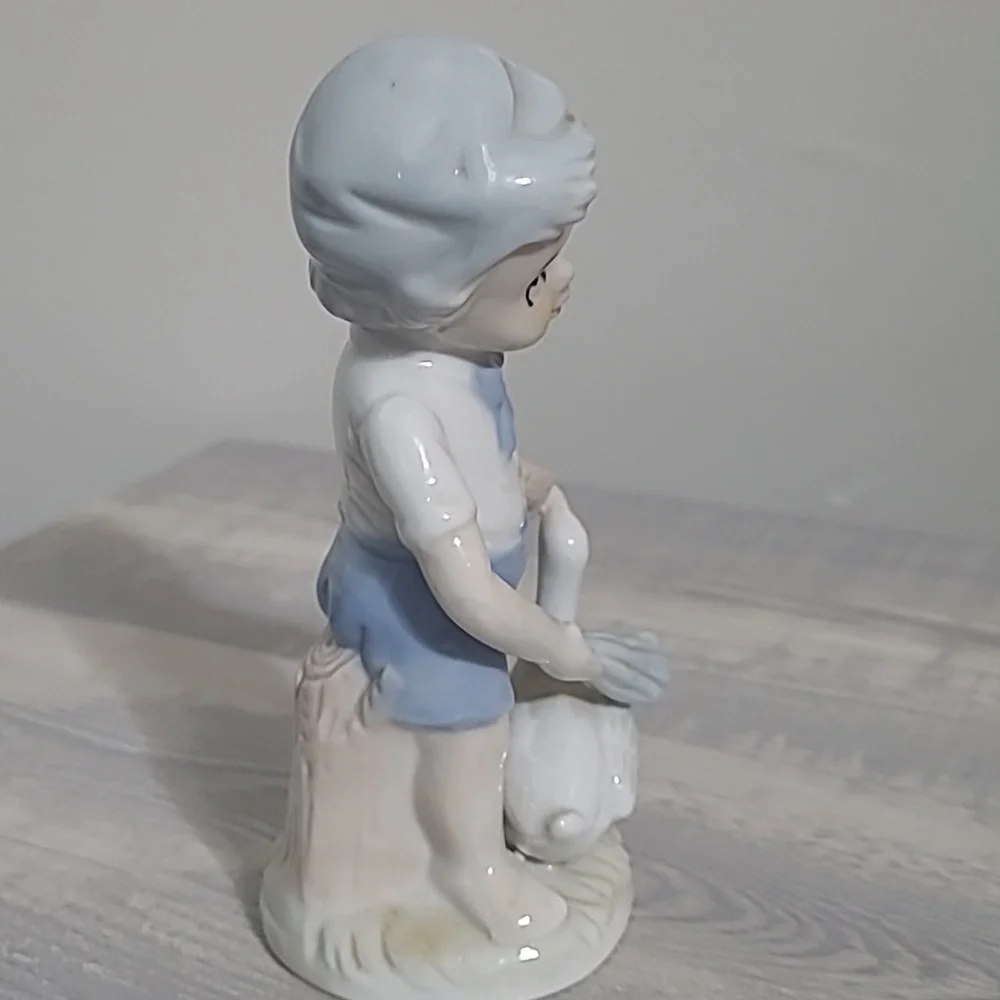 Unique Vintage Blue and White Porcelain Boy with Goose Figurine